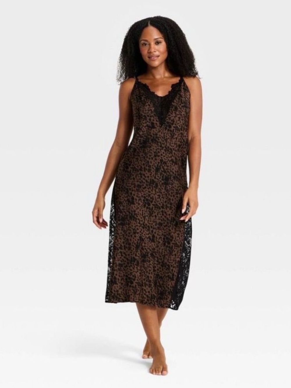 Auden Brown Leopard-Print Slip with Black Lace Trim